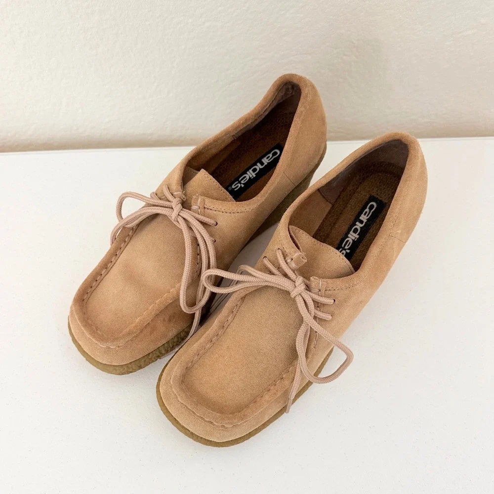 VTG Vintage 80s Candies Leather Suede Rubber Platform Wedges Tan Size 9 Y2K